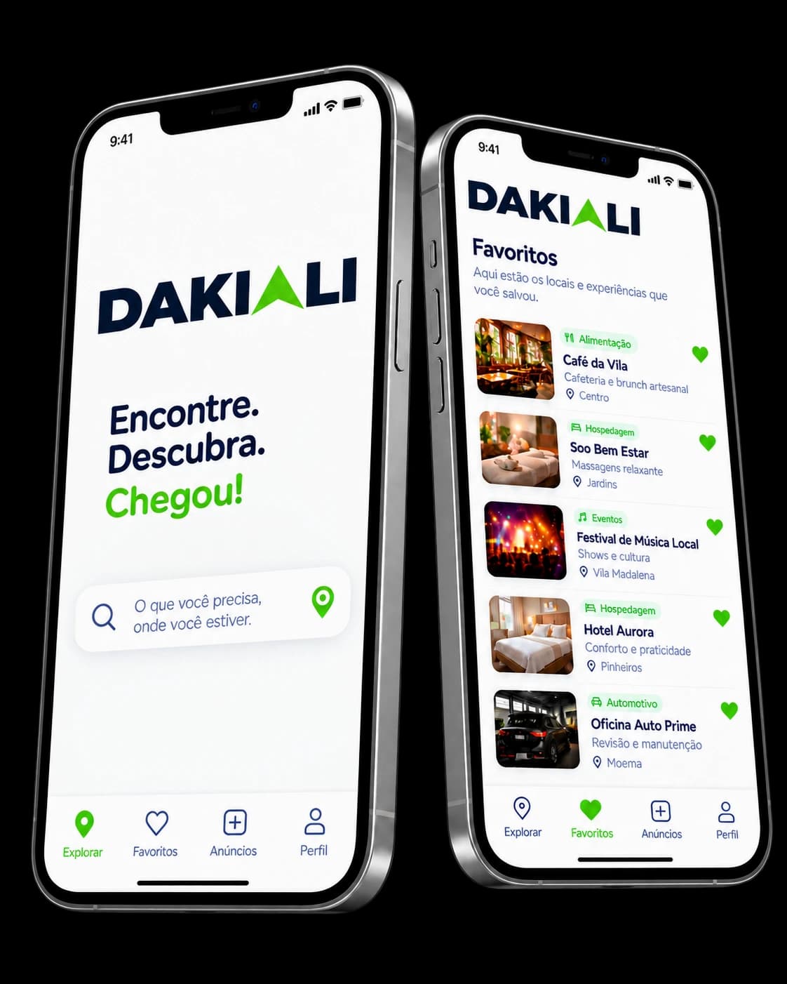 Prévia do Dakiali: tela de descoberta e lista de favoritos no aplicativo.