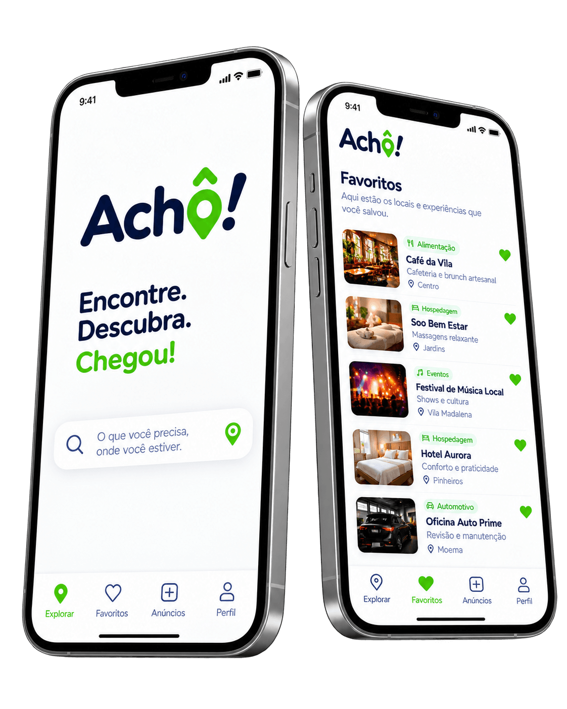 Prévia do Achô!: tela de descoberta e lista de favoritos no aplicativo.
