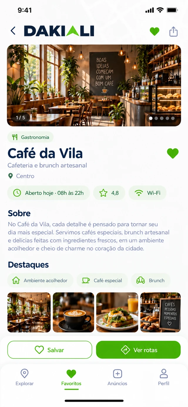 Tela de detalhes de um local, com fotos, informações, favoritos e rotas.